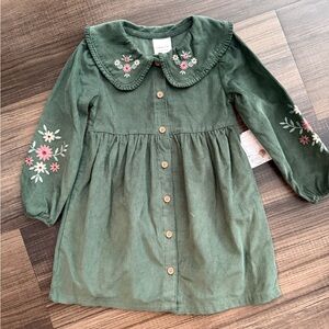 Little Co Green Corduroy Kids Dress with Floral Embroidery